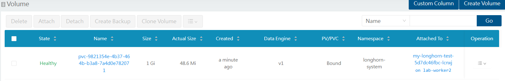 Longhorn volume for pod on lab-worker2